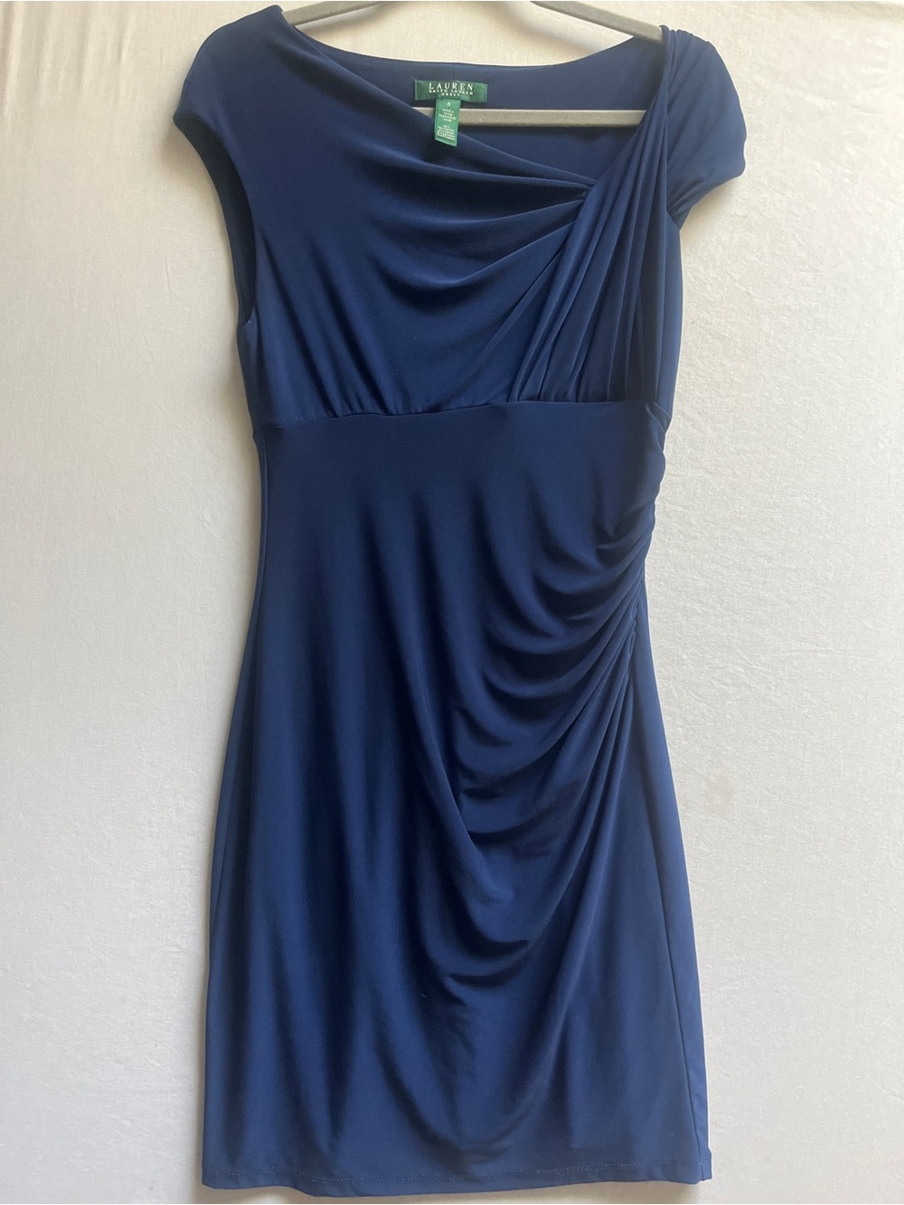Lauren Ralph Lauren Navy Draped Cap-Sleeve Midi Dress Sz 6